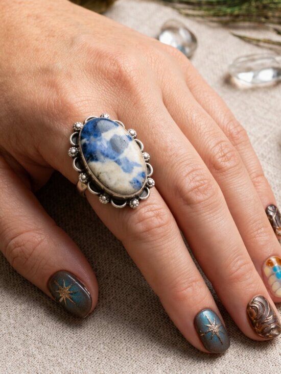 Size 8.5 Wide - Rustic Sodalite Mandala Ring in Sterling and  Sterling Silver 925 Genuine Sodalite Oval Ring Scalloped Bezel Bohemian Size 8